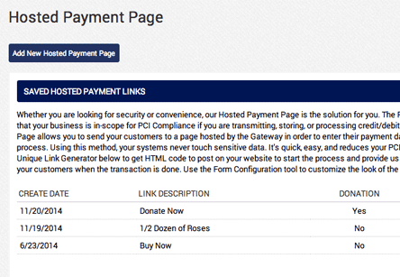 AGMS Gateway list of generated Hosted Payment Pages