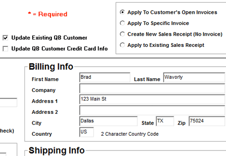 AGMS Gateway QuickBooks Module customer billing information