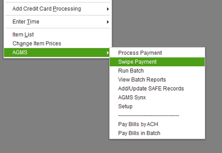 AGMS Gateway QuickBooks Module Menu