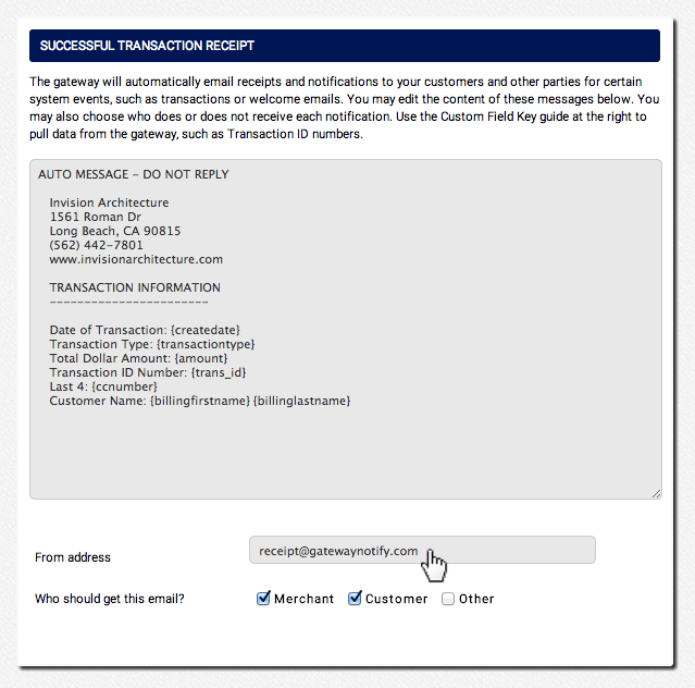 The default email from address can be left as is, or businesses can update the from address so that customers can reply directly to the email receipts and notifications