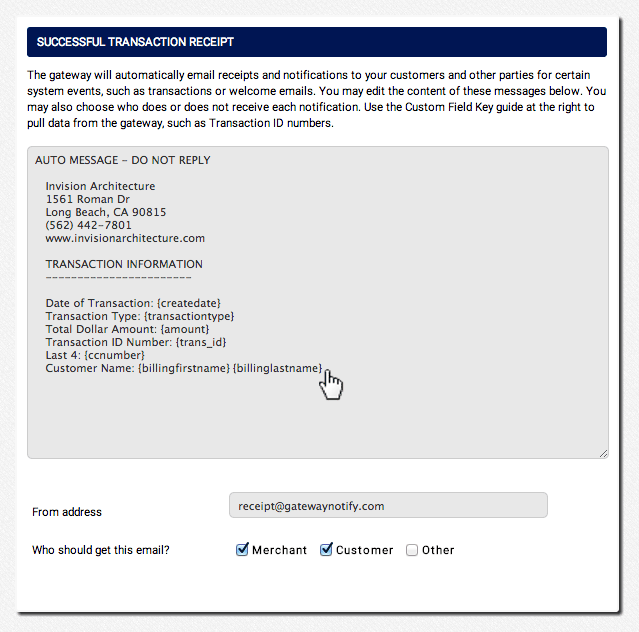 Insert transaction details with corresponding custom transaction fields to pull in customer transaction information.