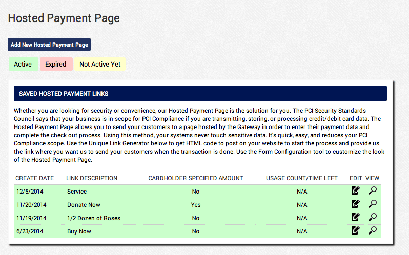 AGMS Gateway Hosted Payment Page dashbboard