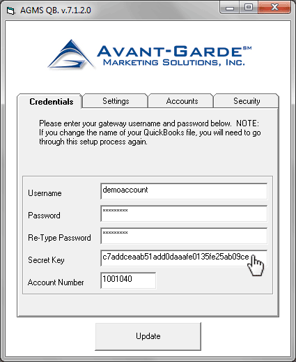 Paste in the AGMS Gateway Transaction API Key for the Secret Key