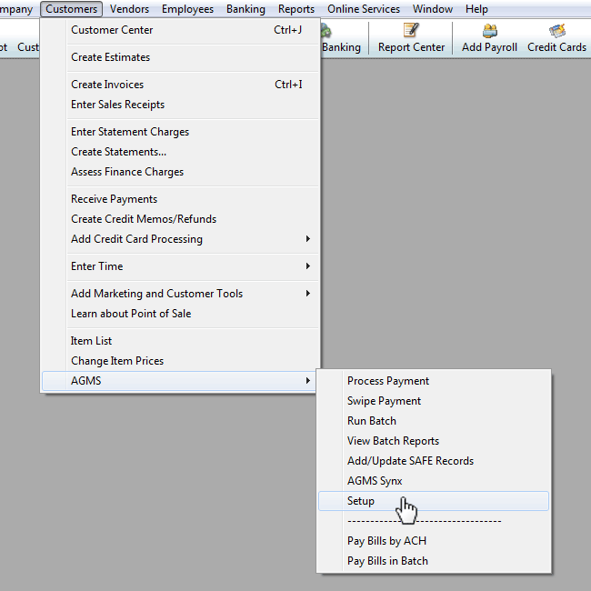 Under the Customers tab in QuickBooks®, navigate to AGMS and select Setup