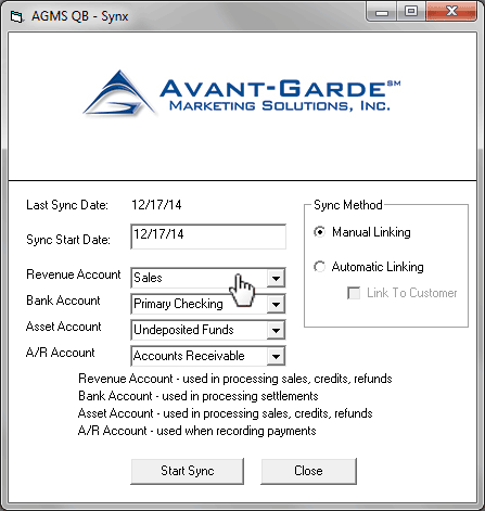 Select a Revenue Account, Bank Account, Asset Account, and A/R account