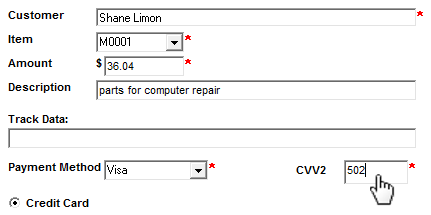 Enter in the customer's card CVV2 code