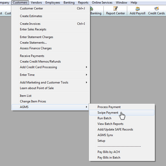 Under the Customer tab, navigate to AGMS and select Swipe Payment