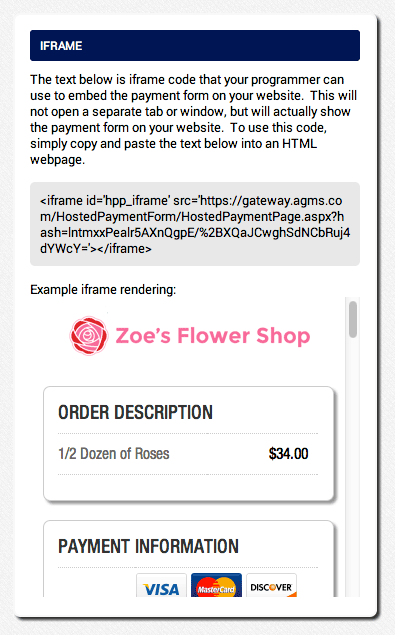 include an AGMS Gateway Hosted Payment Page on website via IFrame