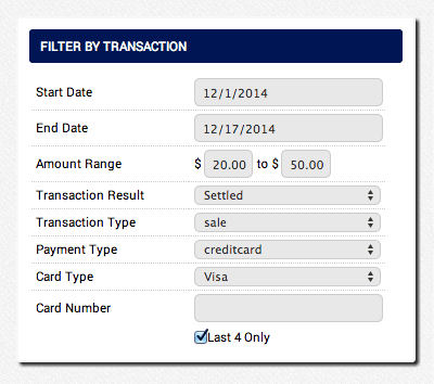 AGMS Gateway Transaction Report transaction filters