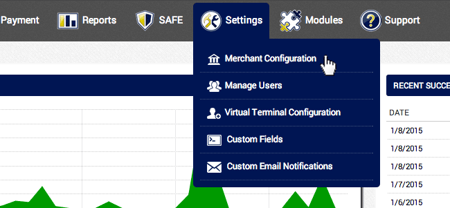 In the AGMS Gateway, navigate to Settings and click Merchant Configuration
